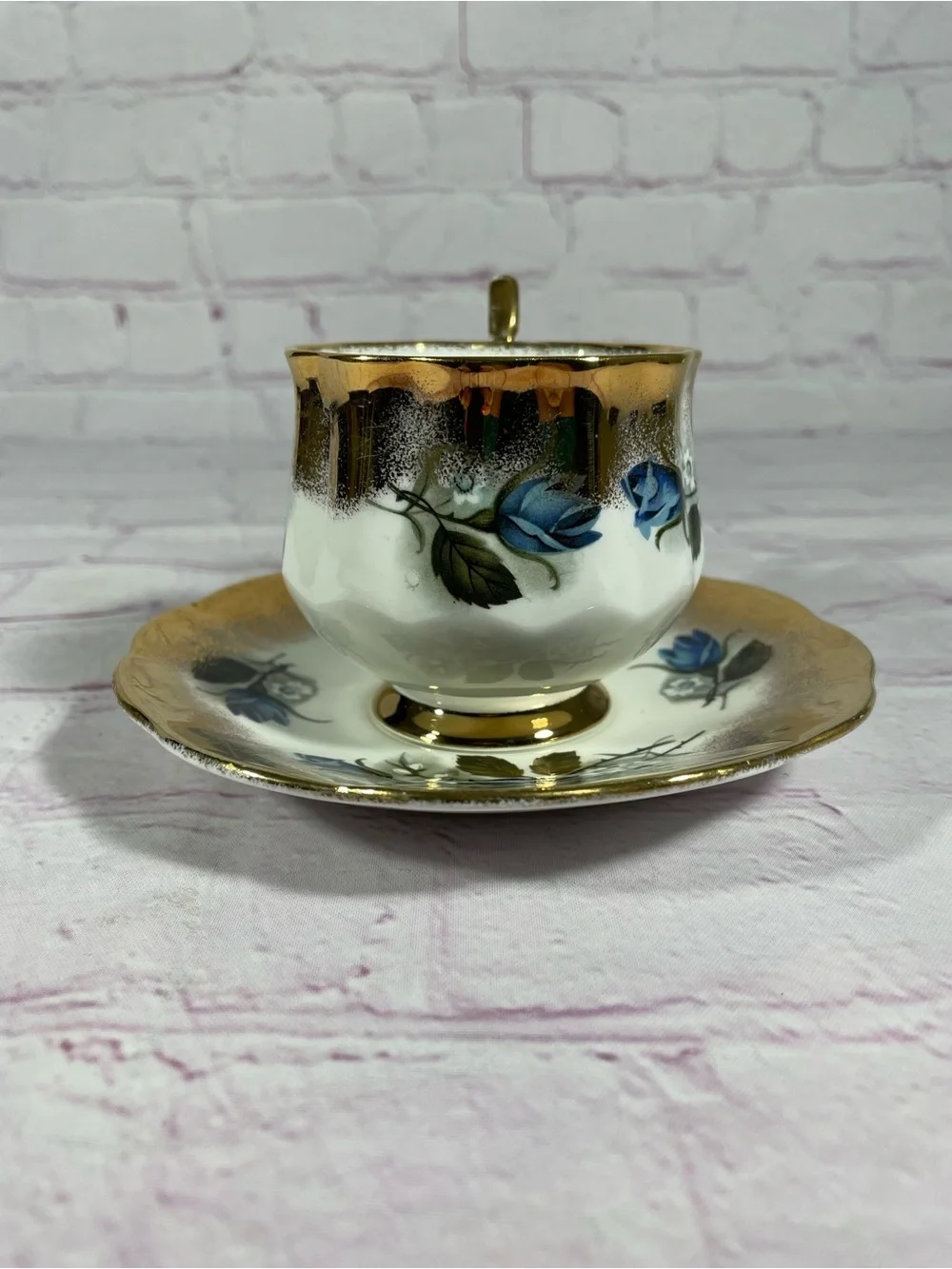 Vintage Taylor & Kent Elizabethan Blue Floral Gold Gilt Teacup and Saucer Set